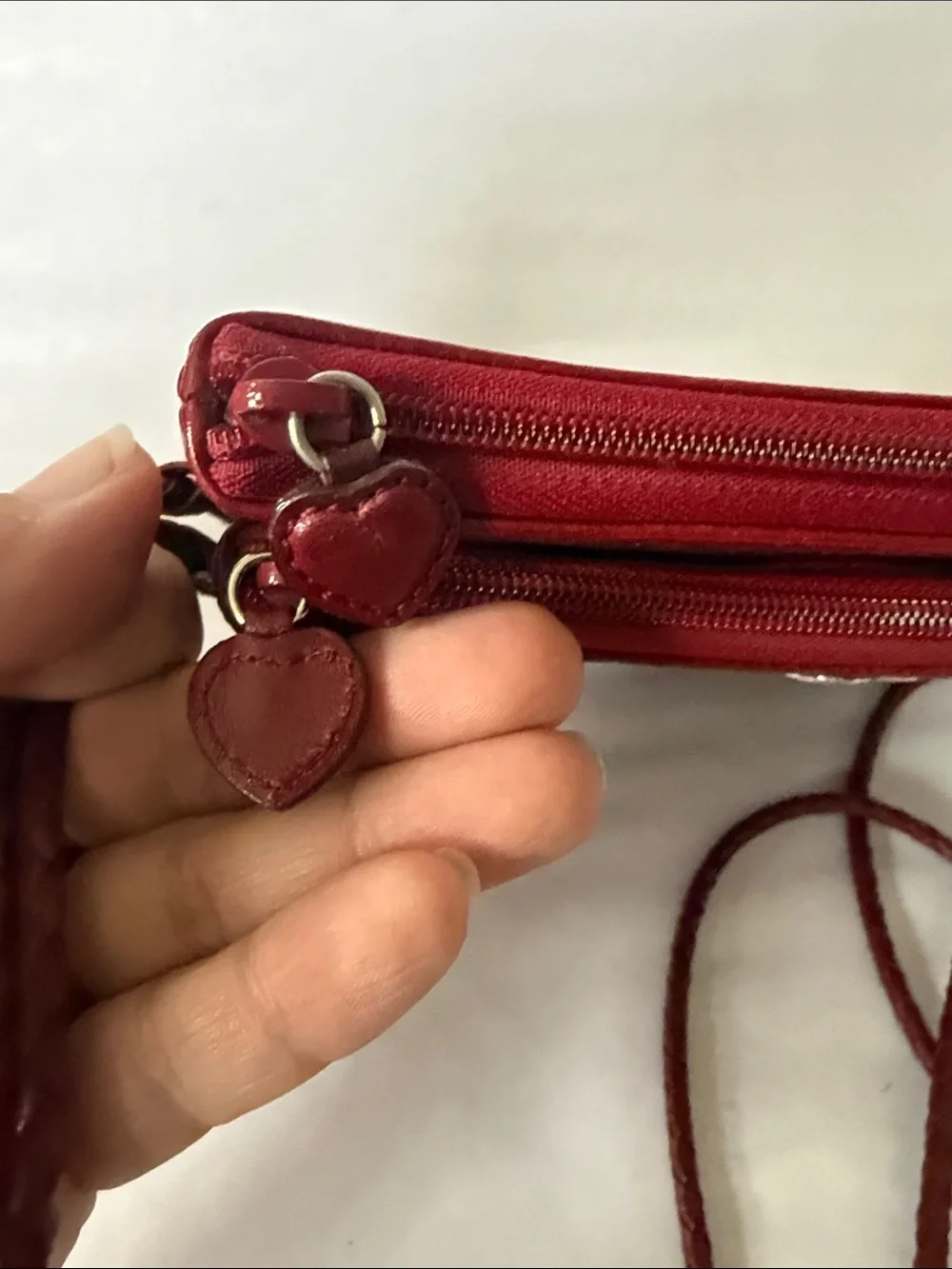 Brighton Crossbody Red Pebbled Leather Heart Braided Double Strap Organizer Bag